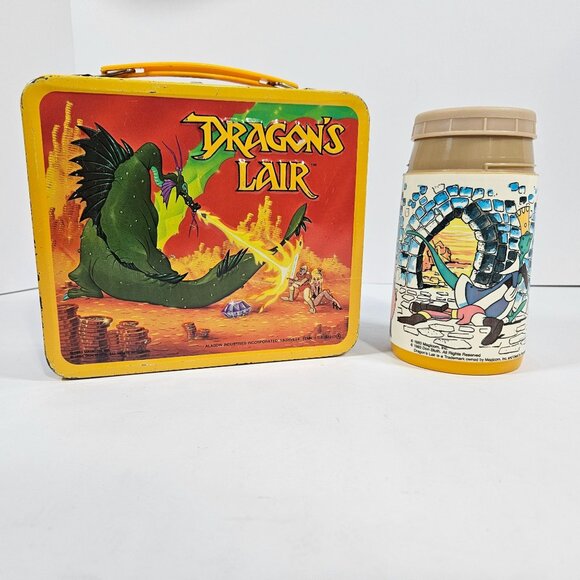 Dragons Lair Arcade Game Vintage Metal Lunchbox & Thermos Set 1983 Aladdin - Picture 3 of 13